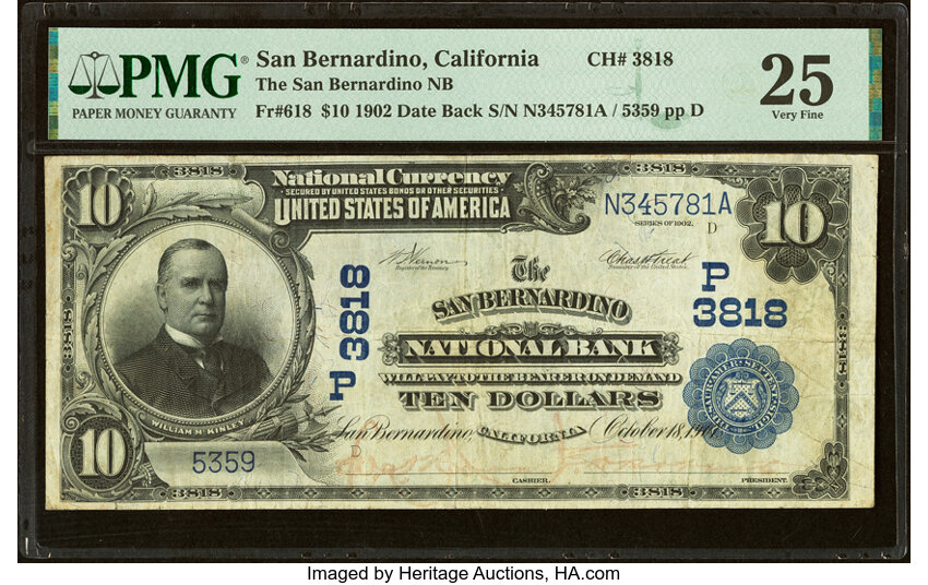 image for: San Bernardino, CA - $10 1902 Date Back Fr. 618 The San Bernardino National Bank Ch. # (P)3818 PMG Very Fine 25....