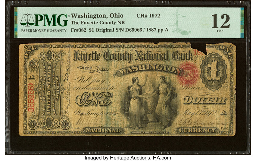 image for: Washington, OH - $1 Original Fr. 382 The Fayette County National Bank Ch. # 1972 PMG Fine 12....
