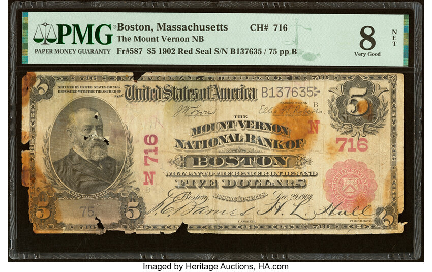 image for: Boston, MA - $5 1902 Red Seal Fr. 587 The Mount Vernon National Bank Ch. # (N)716 PMG Very Good 8 Net....