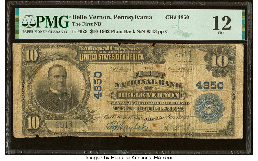 image for: Belle Vernon, PA - $10 1902 Plain Back Fr. 629 The First National Bank Ch. # 4850 PMG Fine 12....
