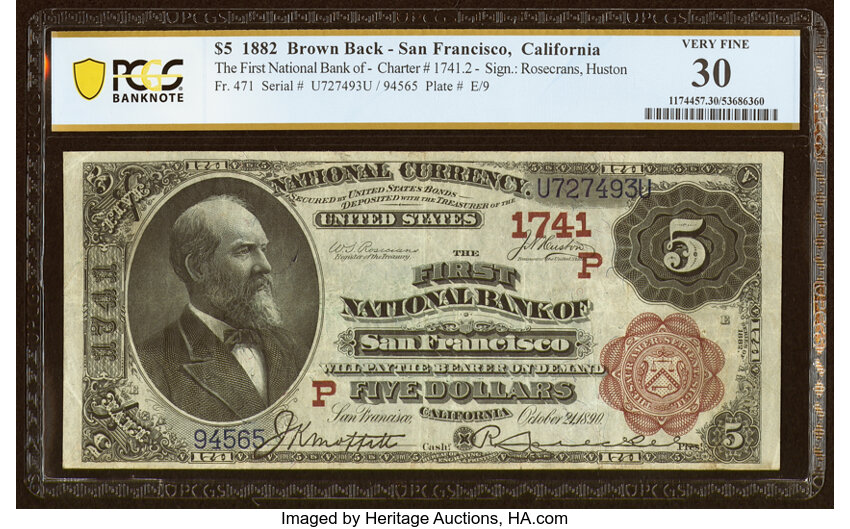 image for: San Francisco, CA - $5 1882 Brown Back Fr. 471 The First National Bank Ch. # (P)1741 PCGS Banknote Very Fine 30....