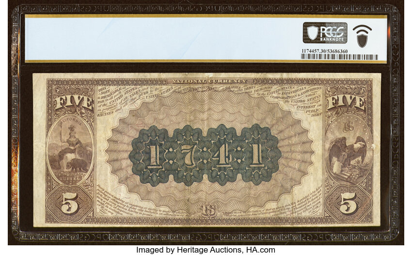 image for: San Francisco, CA - $5 1882 Brown Back Fr. 471 The First National Bank Ch. # (P)1741 PCGS Banknote Very Fine 30....