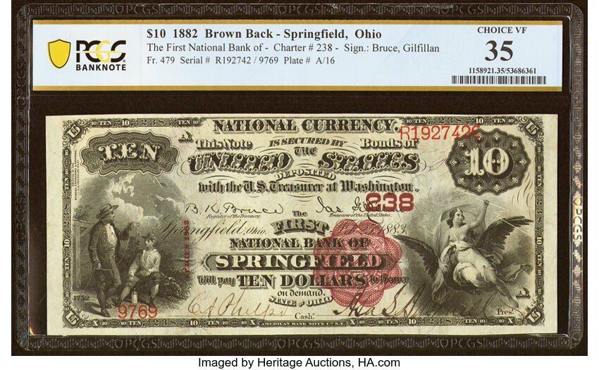 image for: Springfield, OH - $10 1882 Brown Back Fr. 479 The First National Bank Ch. # 238 PCGS Banknote Choice VF 35....