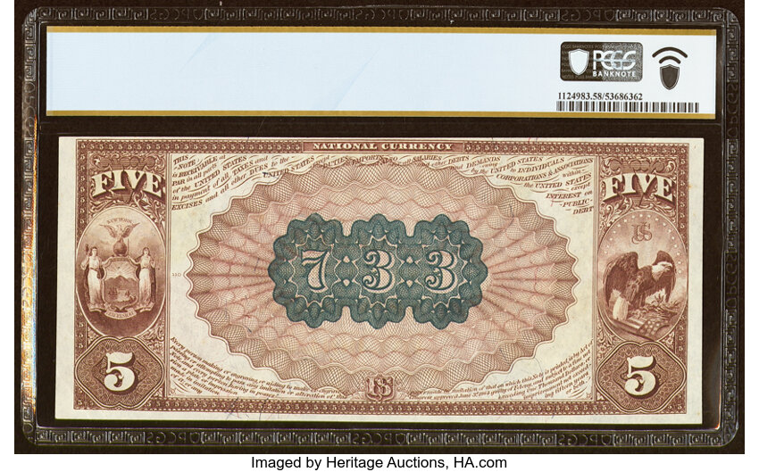 image for: New York, NY - $5 1882 Brown Back Fr. 467 The National Bank of Commerce Ch. # 733 PCGS Banknote Choice AU 58 PPQ....