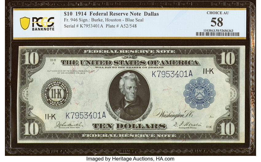 image for: Fr. 946 $10 1914 Federal Reserve Note PCGS Banknote Choice AU 58....