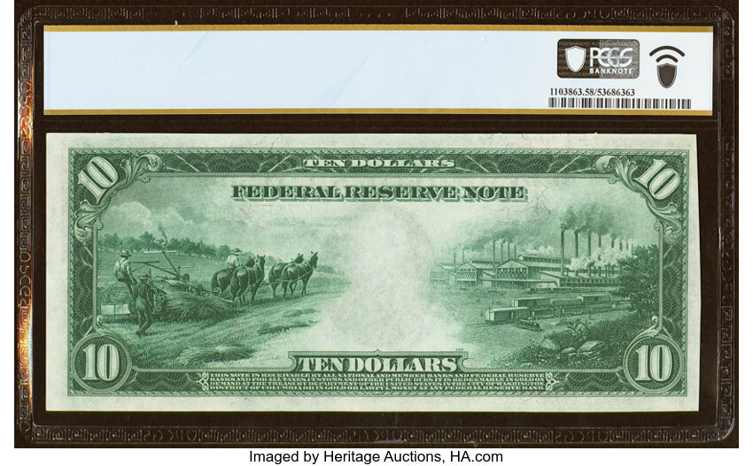 image for: Fr. 946 $10 1914 Federal Reserve Note PCGS Banknote Choice AU 58....
