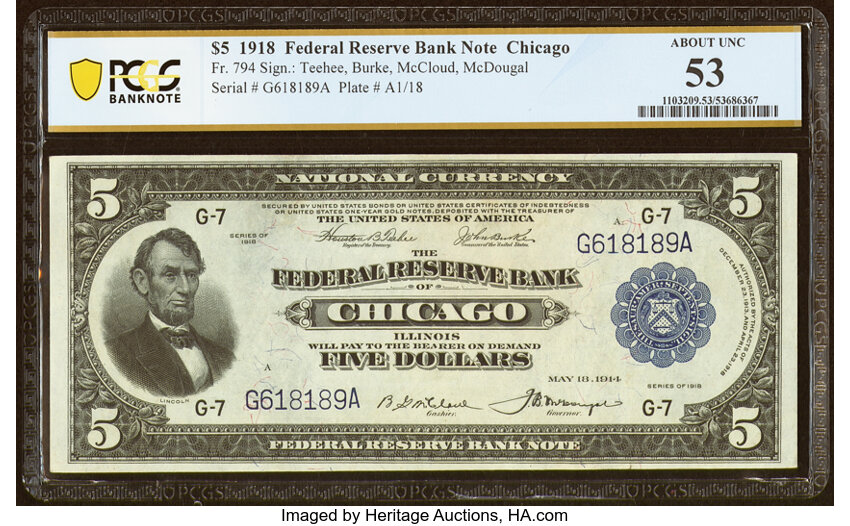 image for: Fr. 794 $5 1918 Federal Reserve Bank Note PCGS Banknote About Unc 53....