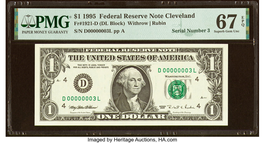 image for: Low Serial Number 3 Fr. 1921-D $1 1995 Federal Reserve Note. PMG Superb Gem Unc 67 EPQ....