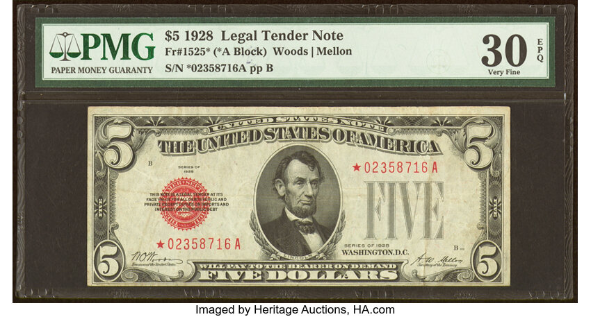 image for: Fr. 1525* $5 1928 Legal Tender Star Note. PMG Very Fine 30 EPQ....