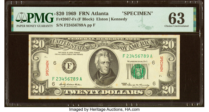 image for: Fr. 2067-F $20 1969 Specimen Federal Reserve Note. PMG Choice Uncirculated 63....