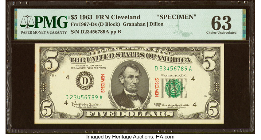 image for: Fr. 1967-D $5 1963 Specimen Federal Reserve Note. PMG Choice Uncirculated 63....