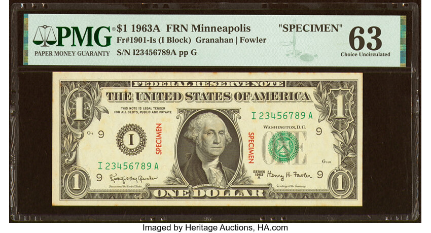 image for: Fr. 1901-I $1 1963A Specimen Federal Reserve Note. PMG Choice Uncirculated 63....