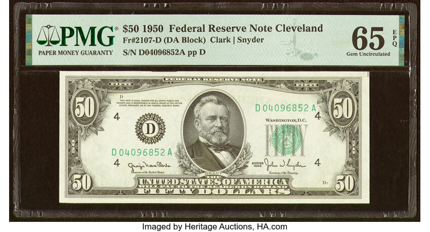 image for: Fr. 2107-D $50 1950 Federal Reserve Note. PMG Gem Uncirculated 65 EPQ....