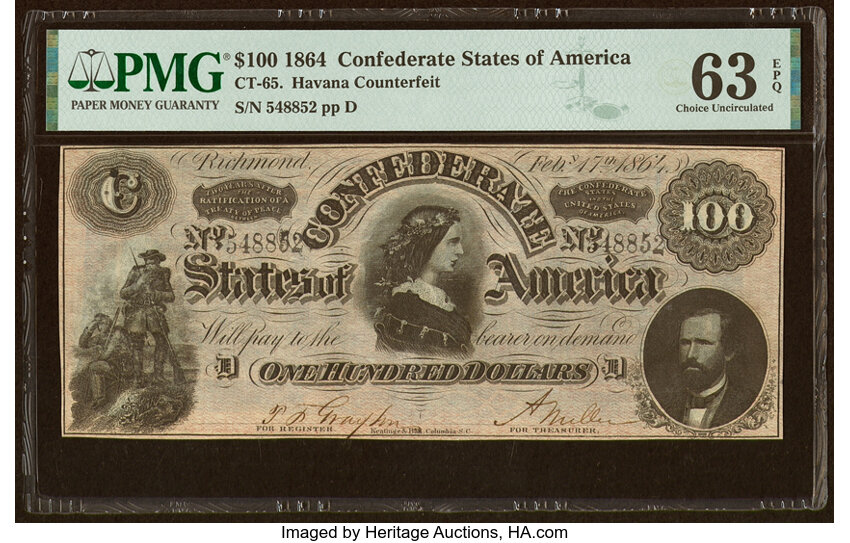 image for: CT65/491 $100 1864 "Havana Counterfeit" PMG Choice Uncirculated 63 EPQ....