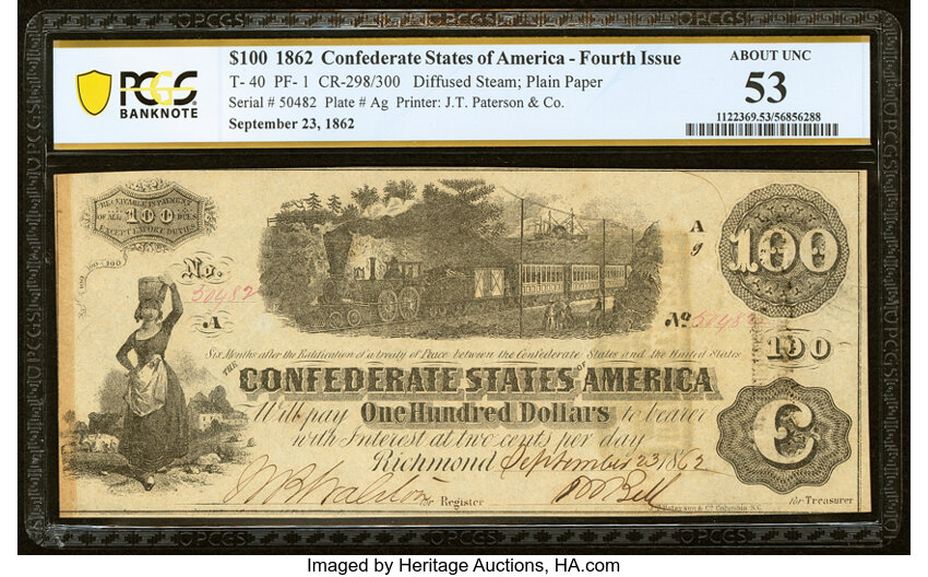 image for: T40 $100 1862 PF-1 Cr. 298 PCGS Banknote About Unc 53....