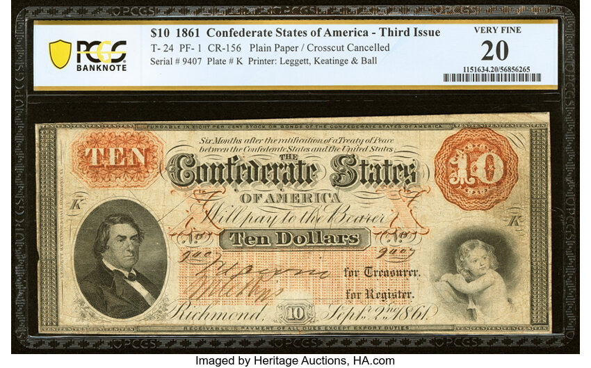 image for: T24 $10 1861 PF-1 Cr. 156 PCGS Banknote Very Fine 20....