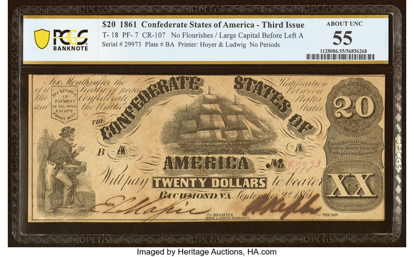 image for: T18 $20 1861 PF-7 Cr. 107 PCGS Banknote About Unc 55....