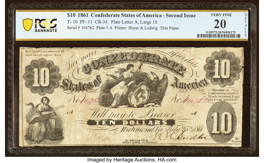 image for: T10 $10 1861 PF-11 Cr. 34 PCGS Banknote Very Fine 20 Details....