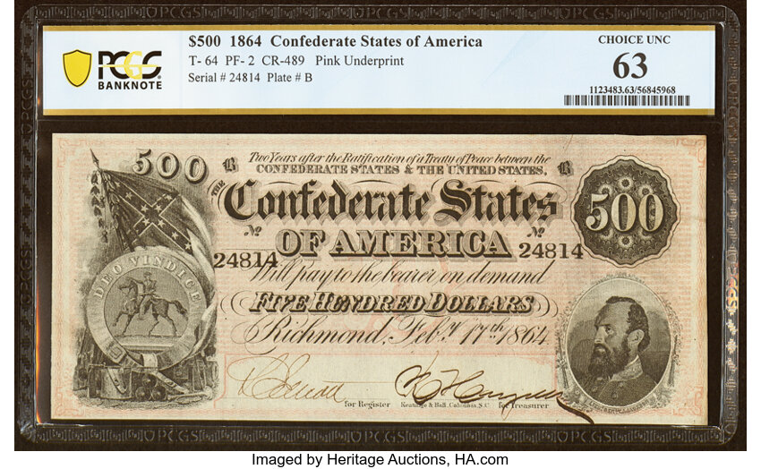 image for: T64 $500 1864 PF-2 Cr. 489 PCGS Banknote Choice Unc 63....