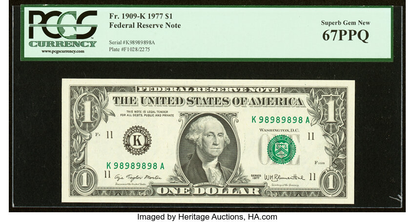 image for: Super Repeater Serial Number 98989898 Fr. 1909-K $1 1977 Federal Reserve Note. PCGS Superb Gem New 67PPQ....