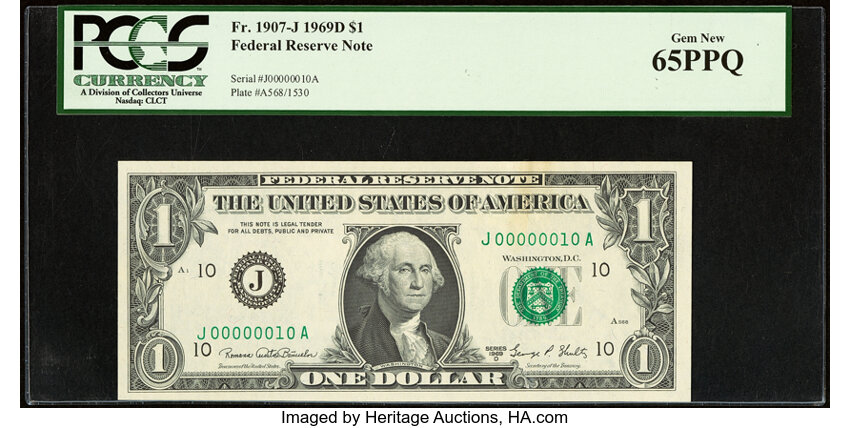 image for: Low Serial Number 10 Fr. 1907-J $1 1969D Federal Reserve Note. PCGS Gem New 65PPQ....