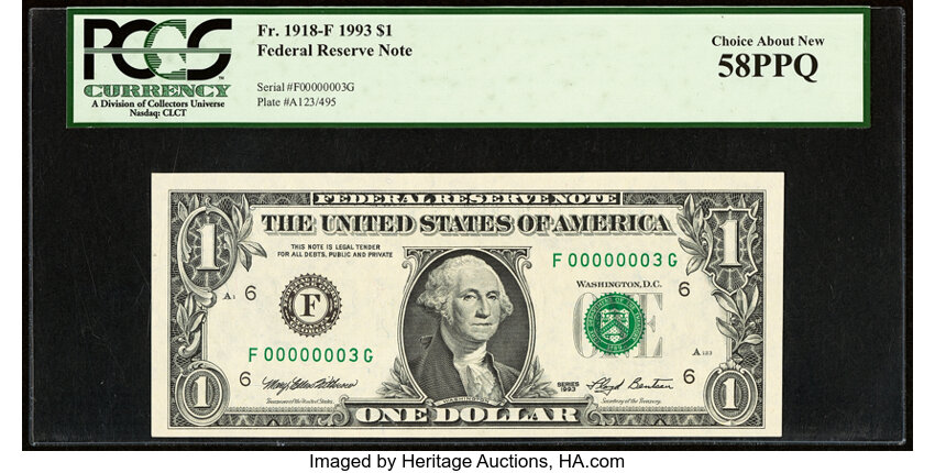 image for: Low Serial Number 3 Fr. 1918-F $1 1993 Federal Reserve Note. PCGS Choice About New 58PPQ....
