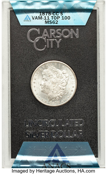 image for: 1878-CC $1 Lines in Wing, VAM-11, MS62 ANACS. A Top 100 Variety....