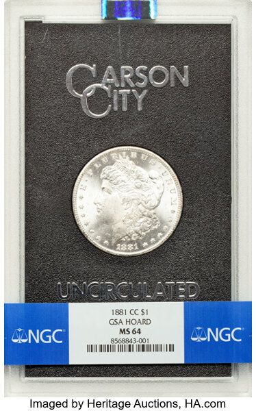 1881-CC $1 GSA MS64 NGC. Box and certificate Included. CDN: $780 Whsle. Bid for NGC/PCGS MS64. Mintage 296,000....