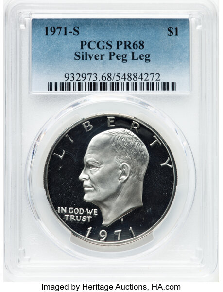 image for: 1971-S $1 Silver Peg Leg PR68 PCGS.  CDN: $15.50 Whsle. Bid for NGC/PCGS PR68. Mintage 4,265,234....
