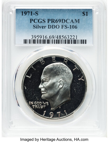 image for: 1971-S $1 Silver, Doubled Die Obverse, FS-106, PR69 Deep Cameo PCGS. PCGS Population: 1 in 69, 0 finer (10/25). Mintage 4,2...