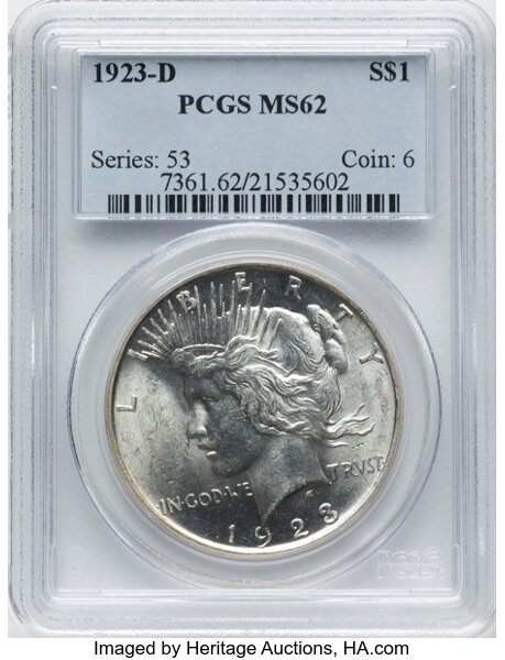 1923-D $1 MS62 PCGS. CDN: $125 Whsle. Bid for NGC/PCGS MS62. Mintage 6,811,000. ...