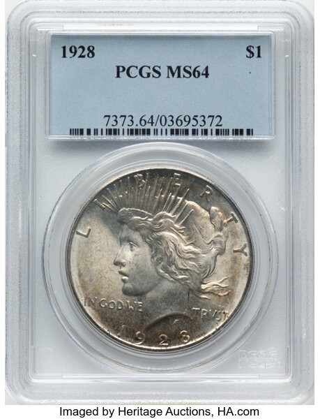 1928 $1 MS64 PCGS. CDN: $875 Whsle. Bid for NGC/PCGS MS64. Mintage 360,649. ...