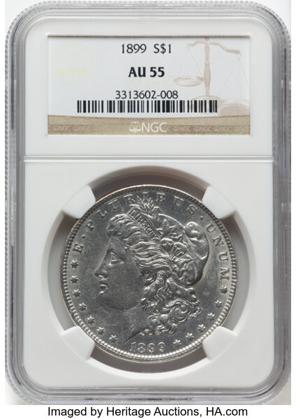 1899 $1 AU55 NGC. CDN: $145 Whsle. Bid for NGC/PCGS AU55. Mintage 330,846....