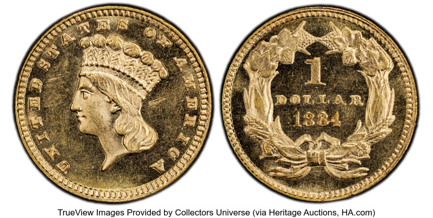 image for: 1884 G$1 MS63 Prooflike PCGS. PCGS Population: 4 in 63, 11 finer (11/25). CDN: $1,900 Whsle. Bid for NGC/PCGS MS63. Mintage...