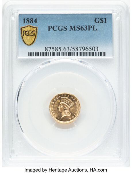 image for: 1884 G$1 MS63 Prooflike PCGS. PCGS Population: 4 in 63, 11 finer (11/25). CDN: $1,900 Whsle. Bid for NGC/PCGS MS63. Mintage...