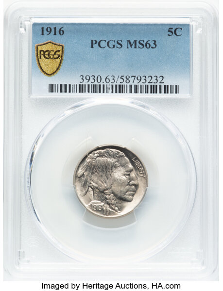 image for: 1916 5C No F, FS-401, MS63 PCGS. PCGS Population: 9 in 63, 16 finer (11/25). CDN: $420 Whsle. Bid for NGC/PCGS MS63....