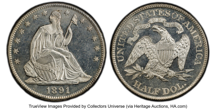 image for: 1891 50C MS64 Prooflike PCGS. PCGS Population: 2 in 64, 0 finer (11/25). CDN: $1,700 Whsle. Bid for NGC/PCGS MS64....