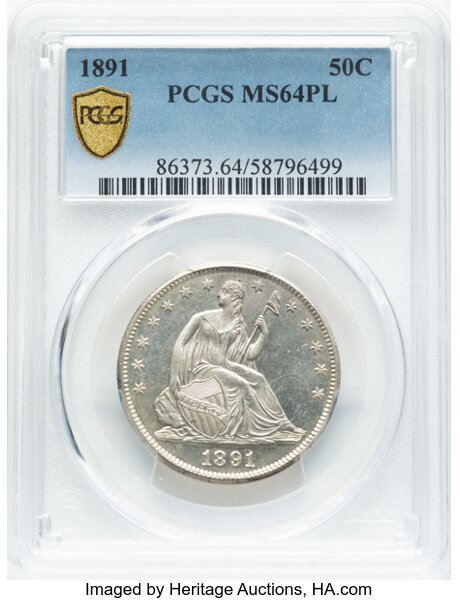 image for: 1891 50C MS64 Prooflike PCGS. PCGS Population: 2 in 64, 0 finer (11/25). CDN: $1,700 Whsle. Bid for NGC/PCGS MS64....