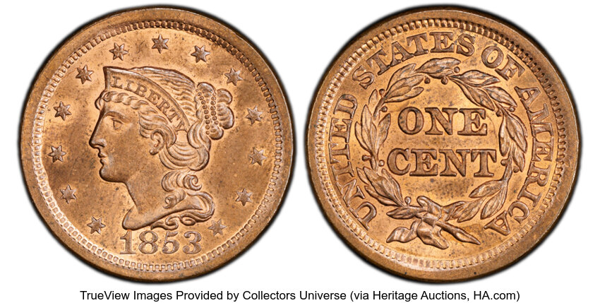image for: 1853 1C N-2, R.3, MS64 Red and Brown PCGS.  CDN: $435 Whsle. Bid for NGC/PCGS MS64. Mintage 6,641,131....
