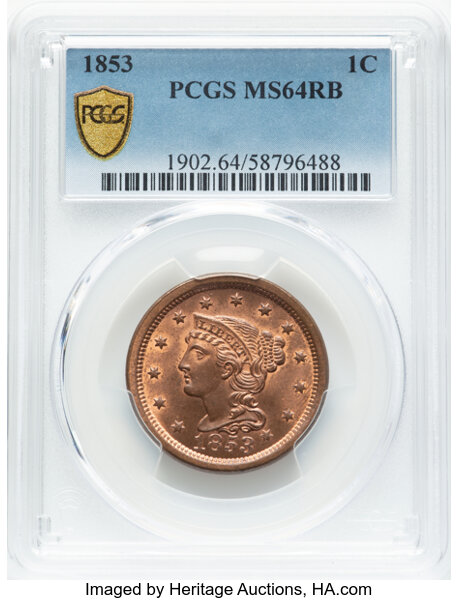 image for: 1853 1C N-2, R.3, MS64 Red and Brown PCGS.  CDN: $435 Whsle. Bid for NGC/PCGS MS64. Mintage 6,641,131....