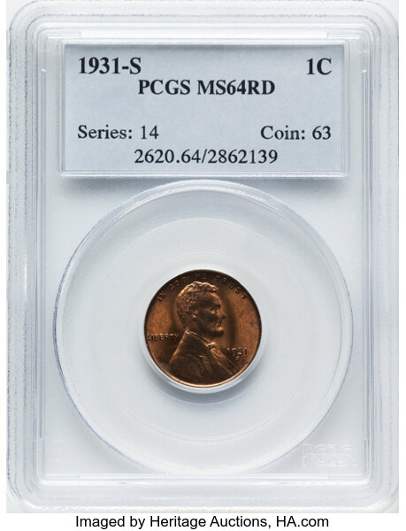 1931-S 1C MS64 Red PCGS. CDN: $265 Whsle. Bid for NGC/PCGS MS64. Mintage 866,000....