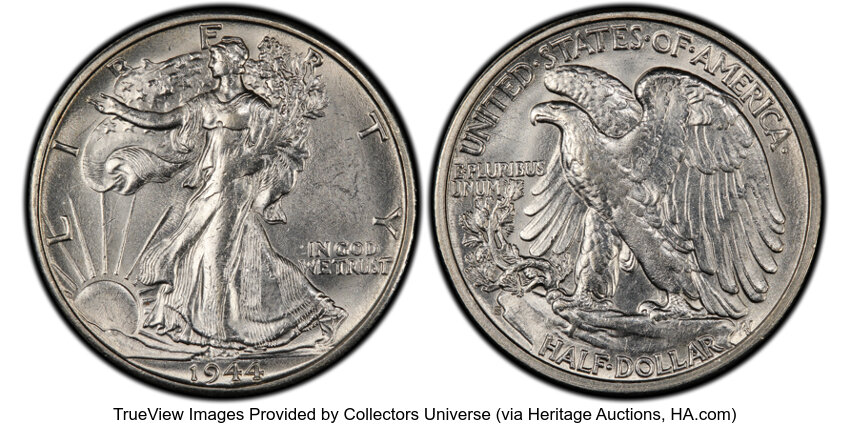 image for: 1944-S/S 50C Repunch Mintmark, FS-502 AU58 PCGS. CAC. PCGS Population: 4 in 58, 14 finer. CAC: 1 in 58, 2 finer (10/25). CD...