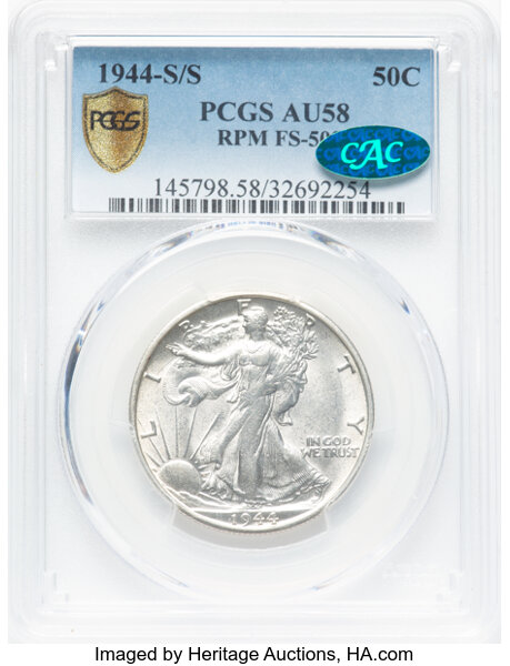 image for: 1944-S/S 50C Repunch Mintmark, FS-502 AU58 PCGS. CAC. PCGS Population: 4 in 58, 14 finer. CAC: 1 in 58, 2 finer (10/25). CD...