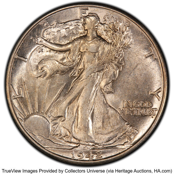 image for: 1942 50C Doubled Die Reverse, FS-801, AU53 PCGS. CAC. Formerly FS-009. PCGS Population: 1 in 53, 120 finer (10/25). CDN: $5...