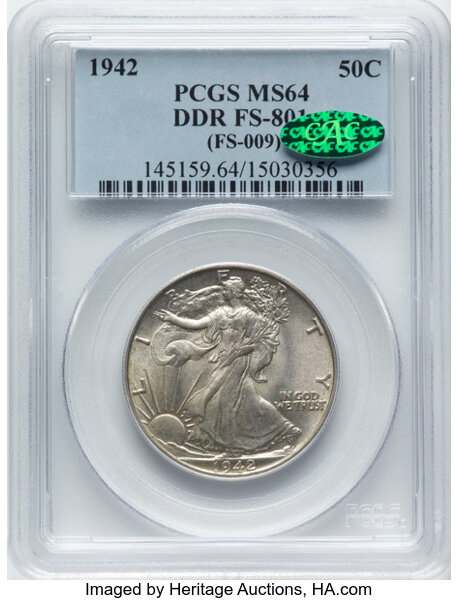 image for: 1942 50C Doubled Die Reverse, FS-801, MS64 PCGS. CAC. Formerly FS-009. PCGS Population: 21 in 64, 16 finer. CAC: 2 in 64, 6...