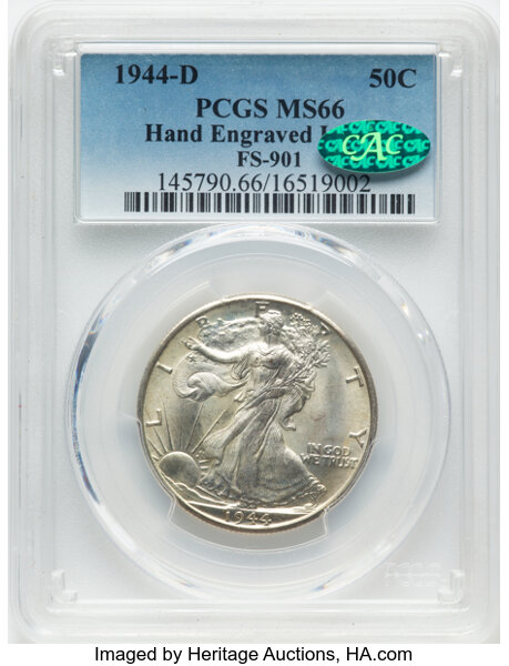 image for: 1944-D 50C Hand-Engraved Initials, FS-901, MS66 PCGS. CAC. PCGS Population: 61 in 66 (2 in 66+), 21 finer. CAC: 10 in 66, 5...