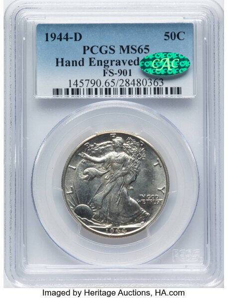 image for: 1944-D 50C Hand-Engraved Initials, FS-901, MS65 PCGS. CAC. PCGS Population: 71 in 65, 82 finer. CAC: 5 in 65, 15 finer (10/...