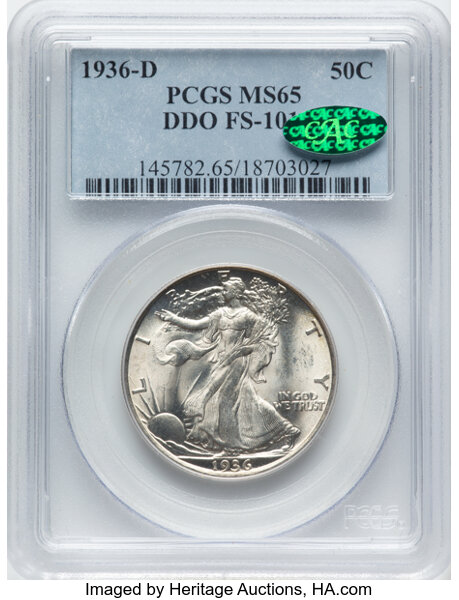 image for: 1936-D 50C Doubled Die Obverse, FS-101, MS65 PCGS. CAC. PCGS Population: 17 in 65 (1 in 65+), 19 finer. CAC: 2 in 65, 3 fin...