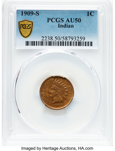 1909-S 1C Indian AU50 PCGS. CDN: $600 Whsle. Bid for NGC/PCGS AU50. Mintage 309,000....