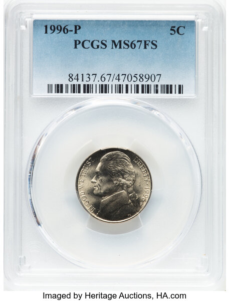 image for: 1996-P 5C MS67 Full Steps PCGS. PCGS Population: 82 in 67, 4 finer (10/25). CDN: $110 Whsle. Bid for NGC/PCGS MS67. ...